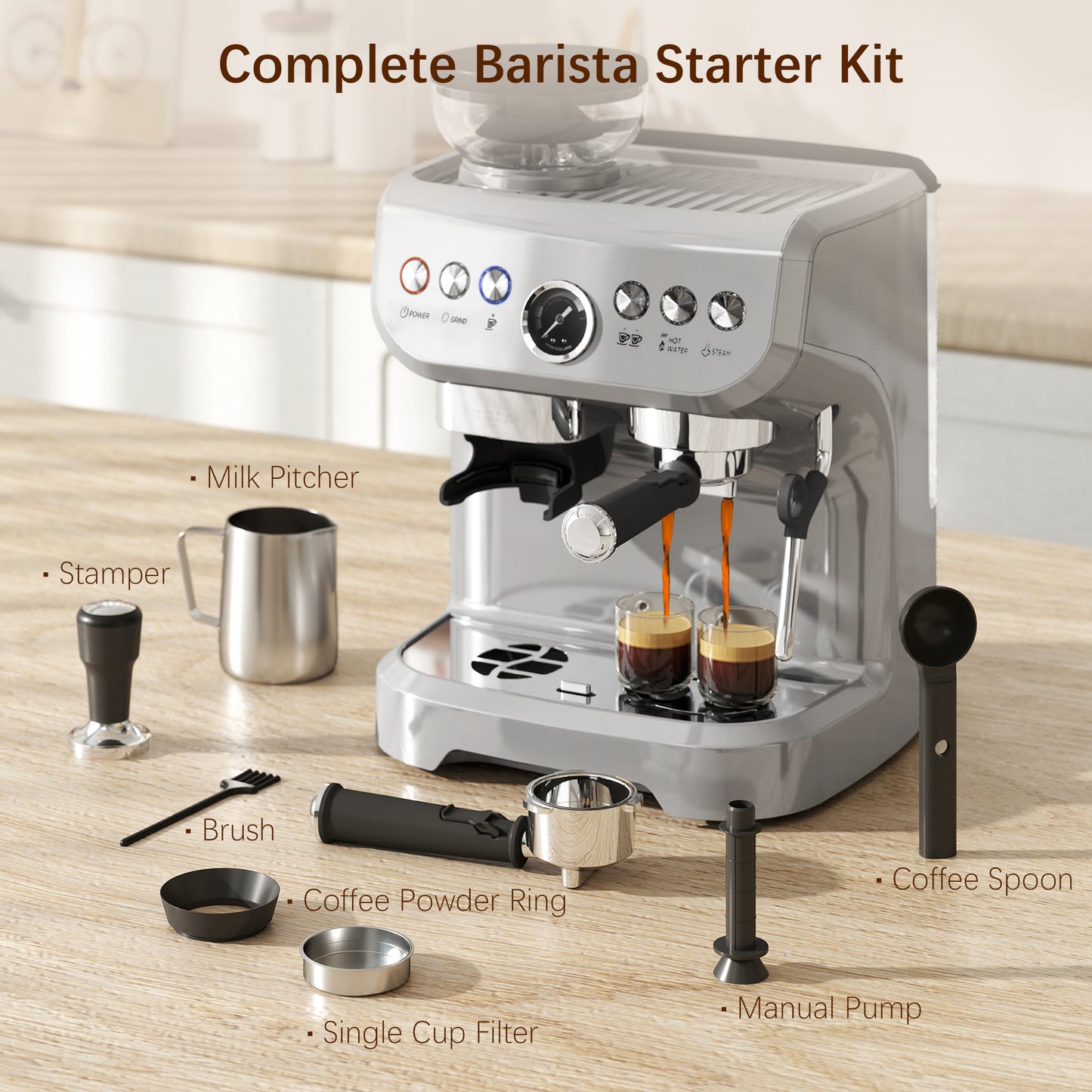 HOMCOM Espresso Machine with Bean Grinder & Steam Wand, 15 Bar, Silver