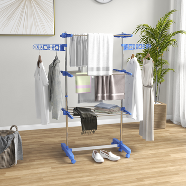 HOMCOM 3-Tier Stainless Steel Clothes Airer Drying Rack, Folding w Wheels Blue