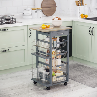 Kitchen Island Trolley Cart w/ 4 Baskets, Drawer & Side Racks Dark Grey