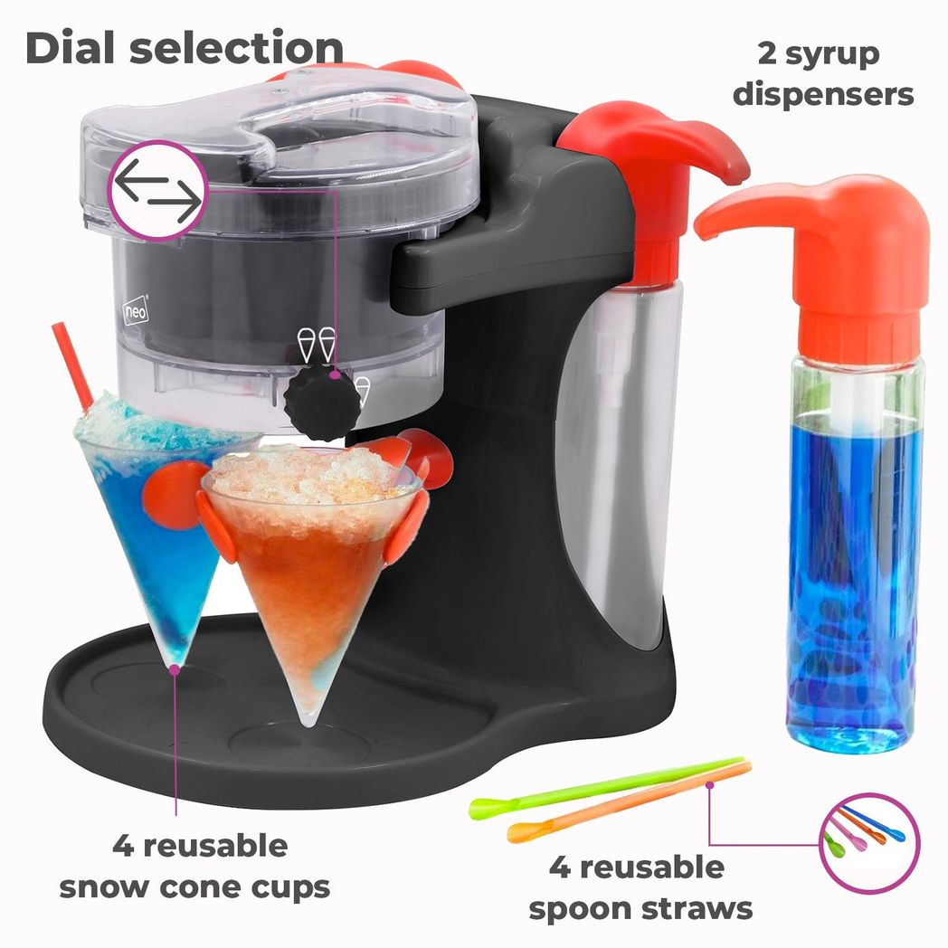 Neo Black Ice Snow Cone Slushy Maker Machine with 4 Cups & 2 Syrup Dispensers