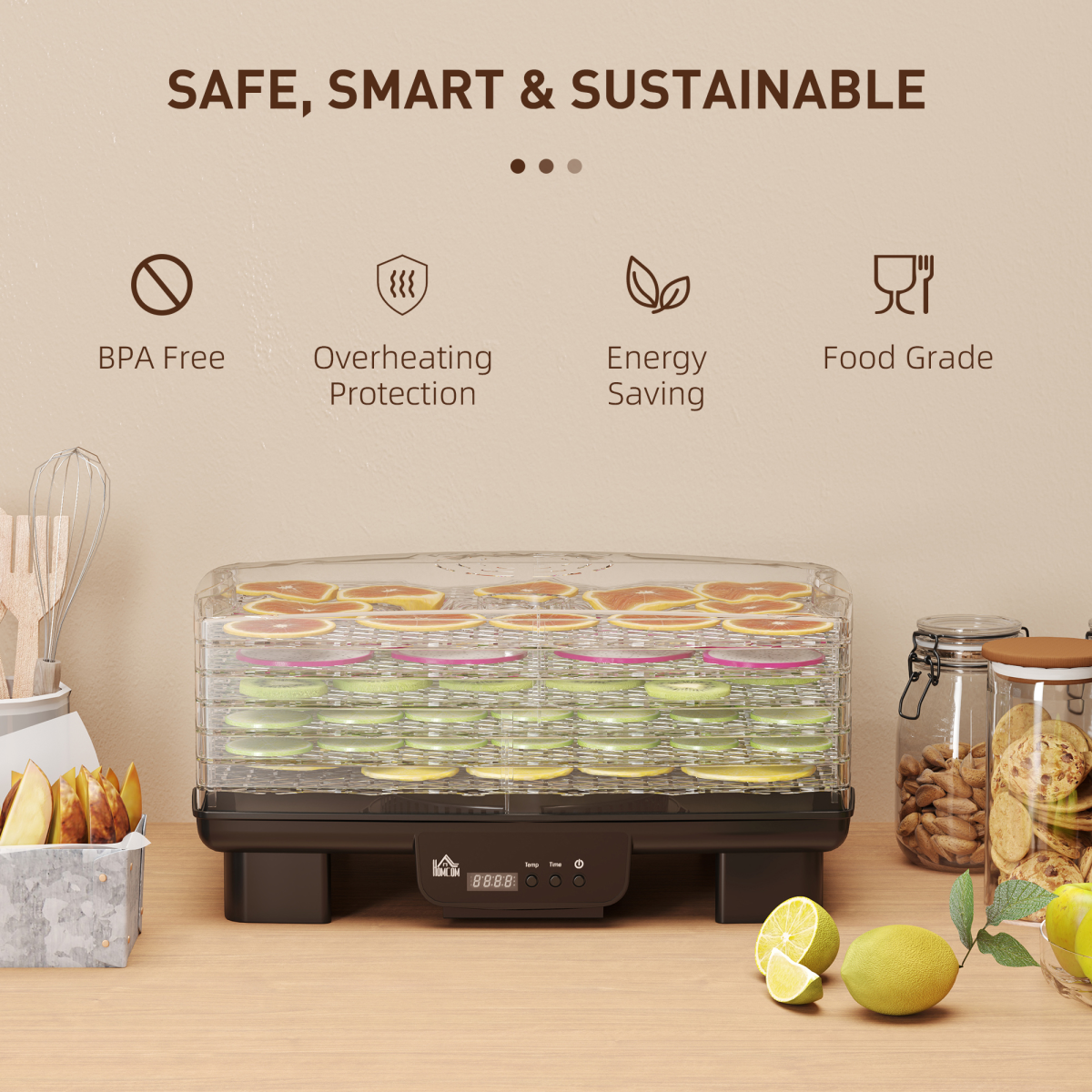 HOMCOM 6-Tray Food Dehydrator Machine, 40–70°C Fruit Meat Veg Dryer, Black