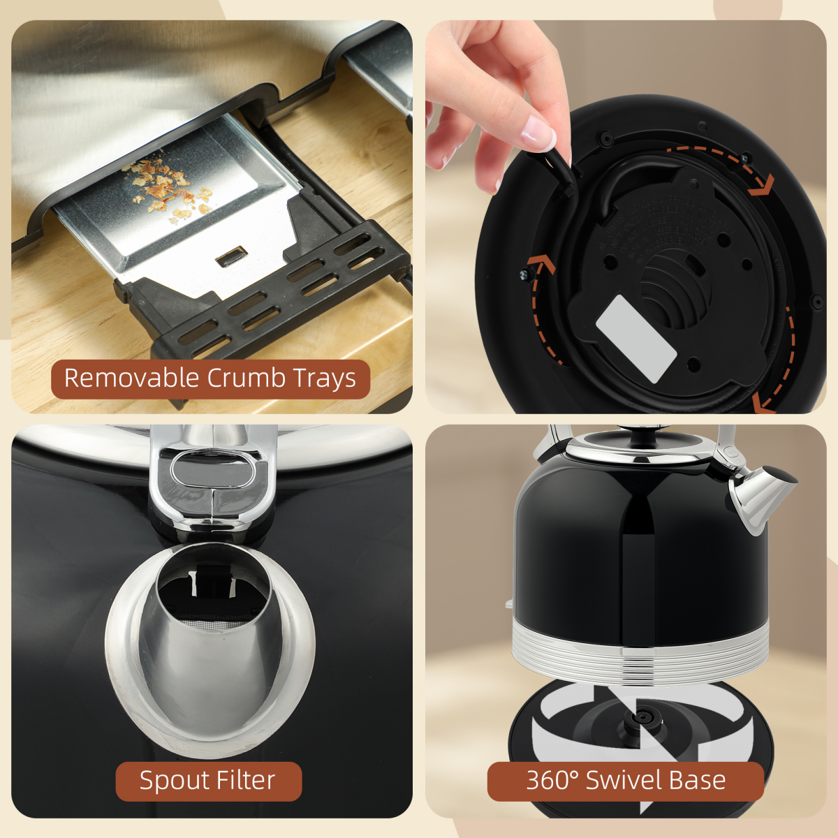 HOMCOM 1.7L 3000W Kettle & 4-Slice Toaster Set with Fast Boil, Black