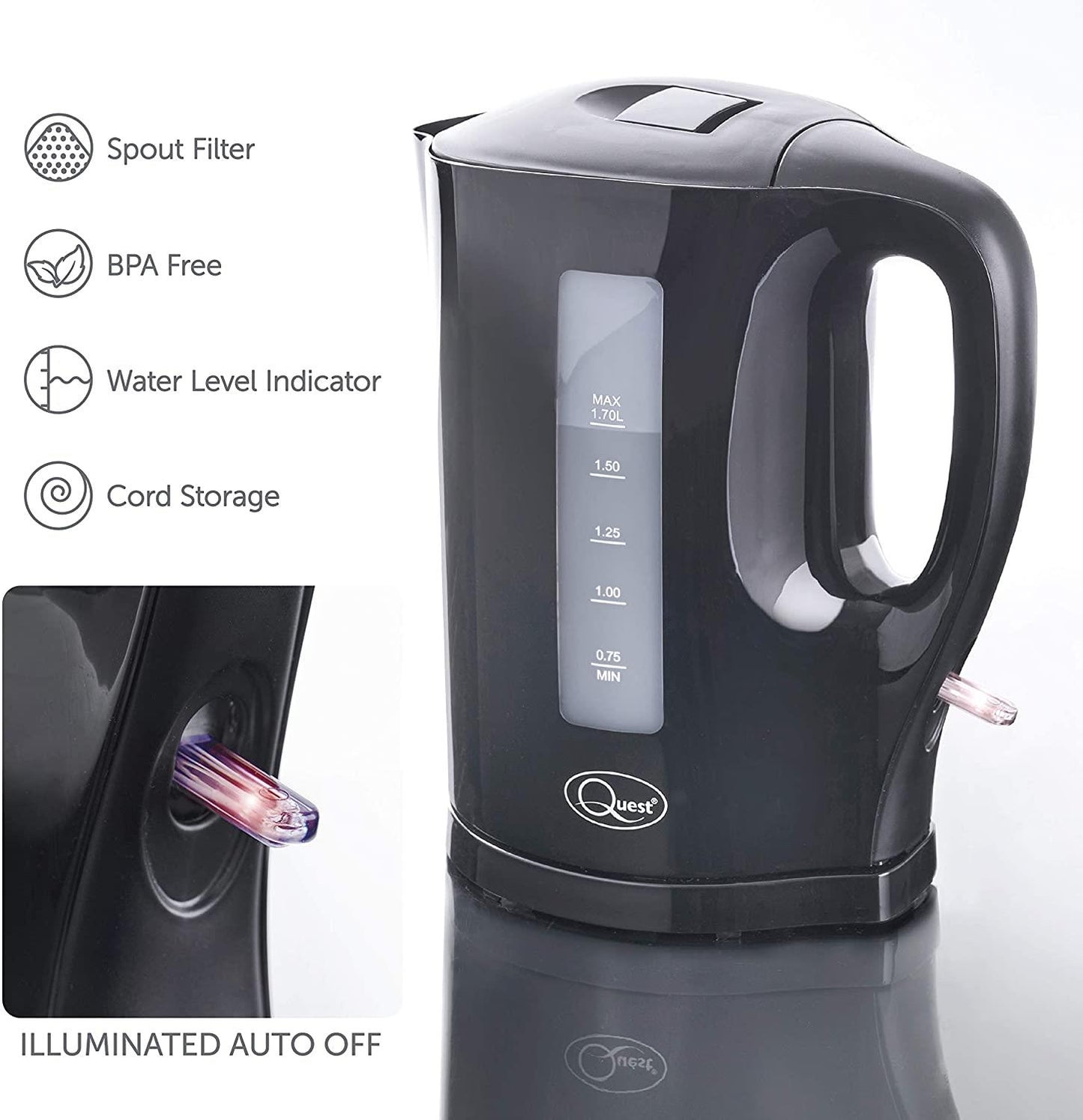 Quest 1.7L Jug Kettle Black 35109 - Fast Boil Home Kitchen Electric Kettle
