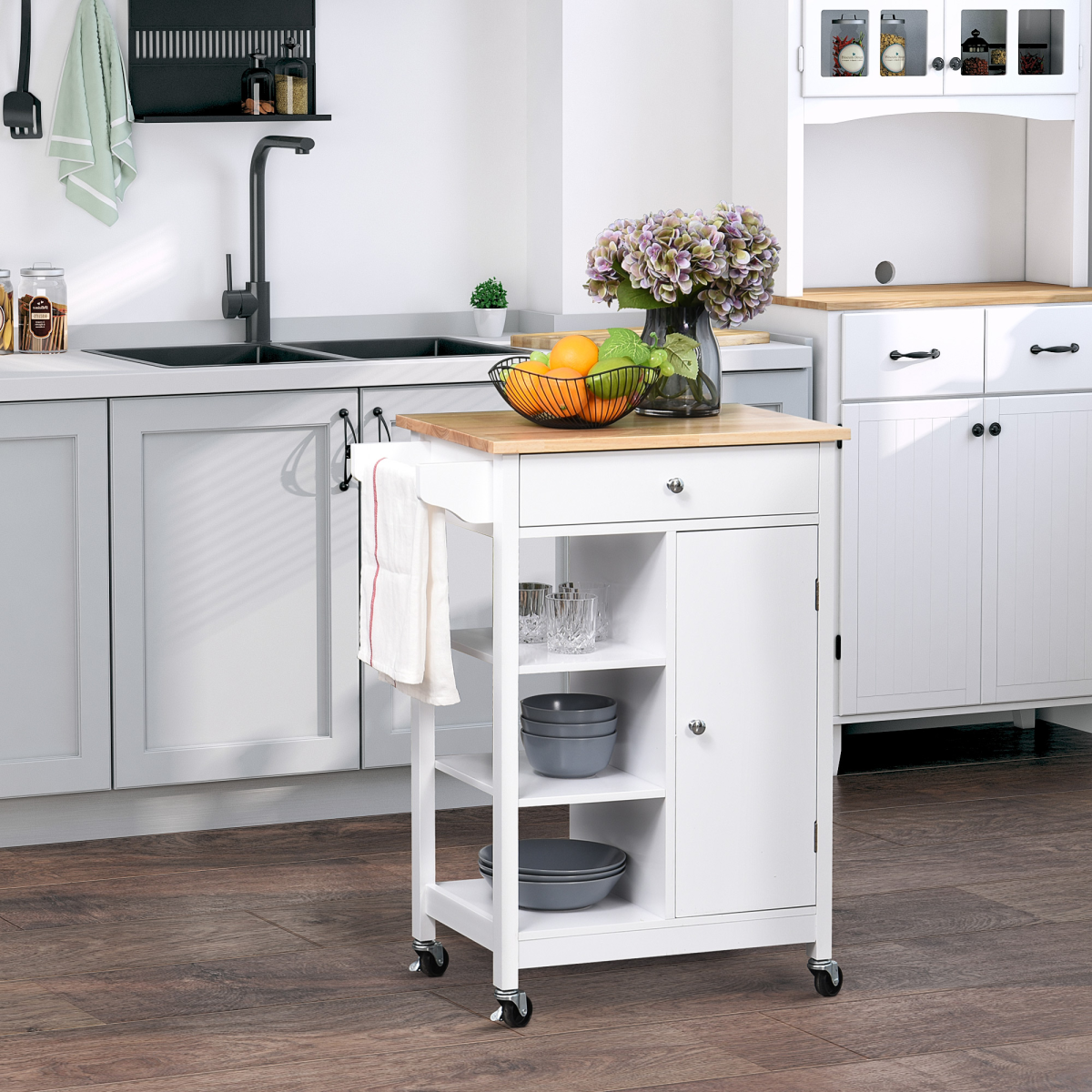 MDF Kitchen Storage Trolley White, 1 Drawer, 3 Shelves, Cabinet & Rails, Wheels