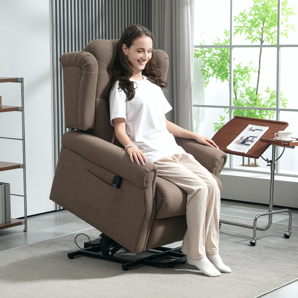 HOMCOM Power Lift Recliner Wingback Armchair 150° Recline Button Tufted Dark Brown
