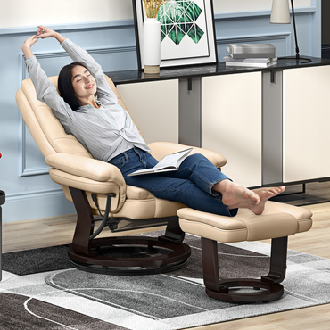 HOMCOM Swivel Manual Recliner Lounge Chair + Footrest Set PU Leather Beige 130kg