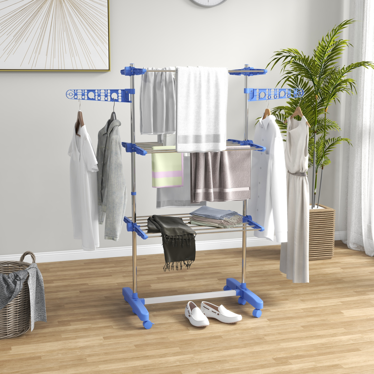 HOMCOM 3-Tier Stainless Steel Clothes Airer Drying Rack, Folding w Wheels Blue