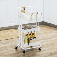 HOMCOM 3-Tier Utility Cart, Rolling Serving Trolley with Baskets and Hooks