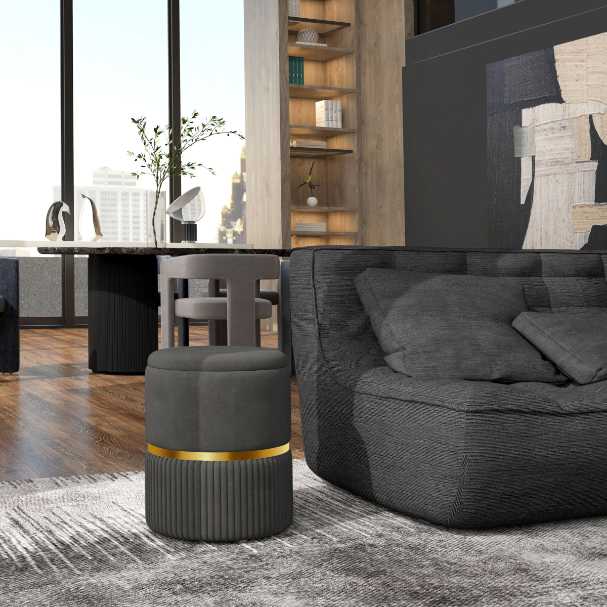 HOMCOM Grey Round Storage Pouffe Footstool Cushioned Top Hidden Space Velvet UK