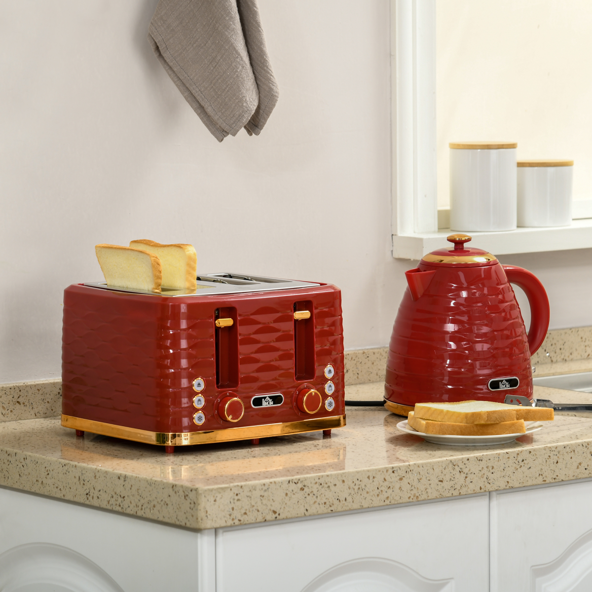 HOMCOM Red 1.7L Rapid Boil Kettle & 4 Slice Toaster Set Pebbled Design UK