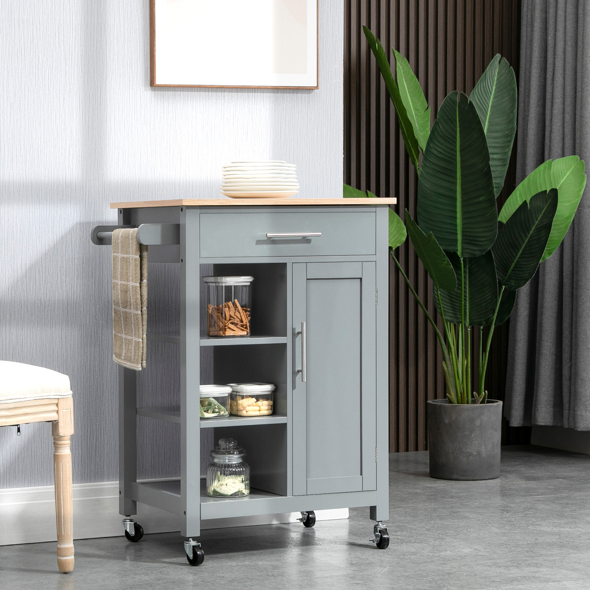 Kitchen Trolley Utility Cart on Wheels Grey with Drawer & Open Shelf Storage