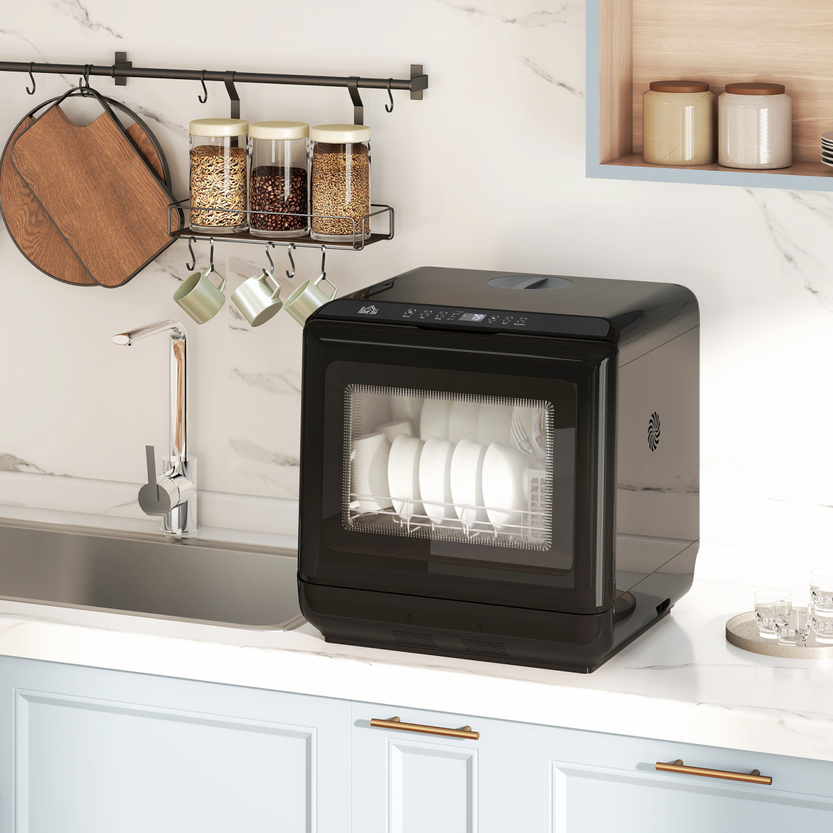 HOMCOM Countertop Dishwasher 4 Place Settings Dual Water Supply 6 Programs Black