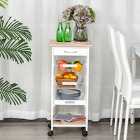 MDF Kitchen Storage Trolley 5-Tier White Pine Frame Drawer 2 Wire Baskets Wheels