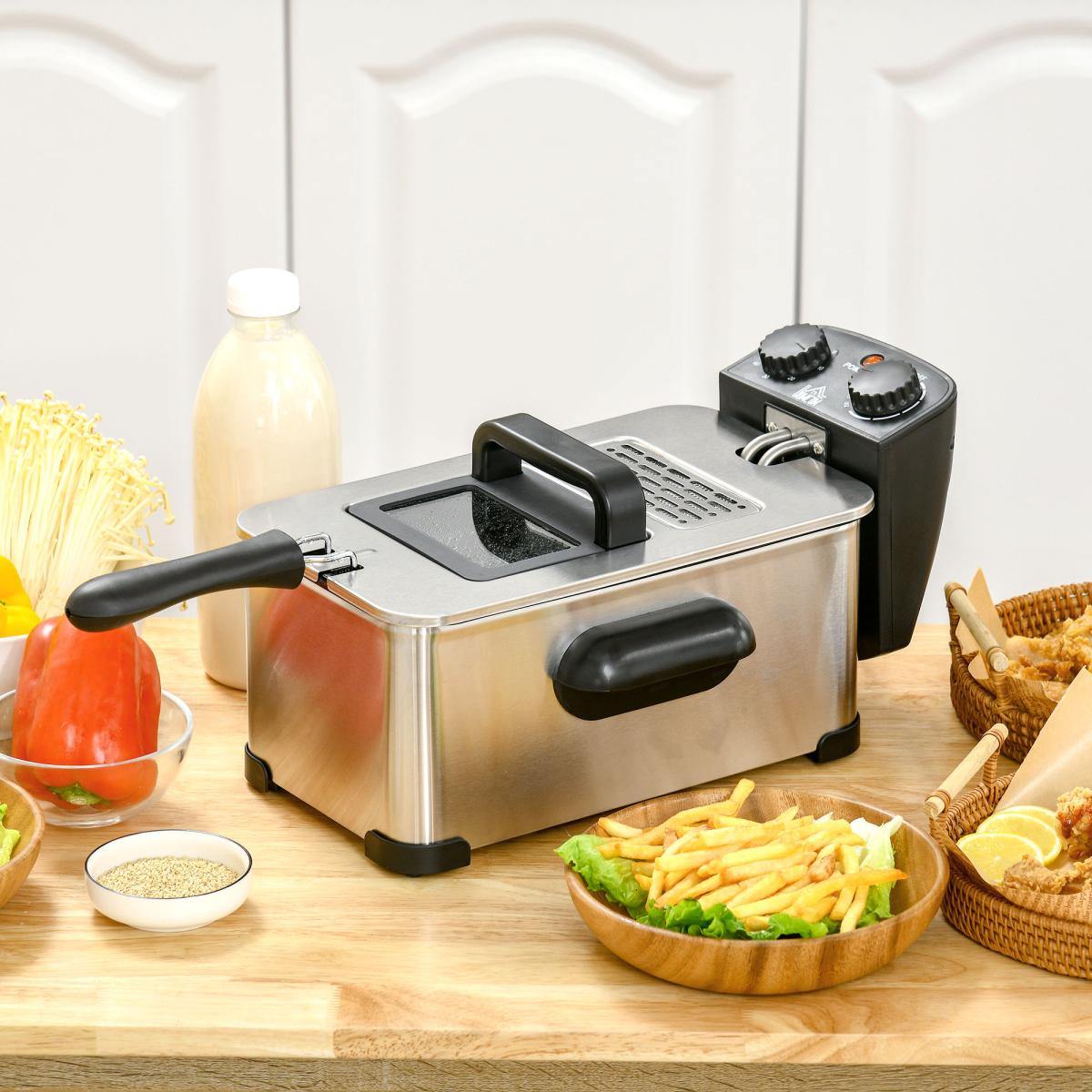 HOMCOM 3L Deep Fat Fryer 2000W Adjustable Thermostat 60min Timer Glass Lid