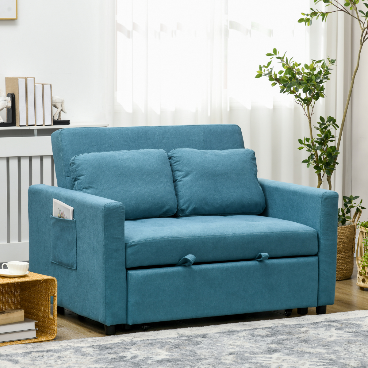 HOMCOM 2 Seater Sofa Bed Convertible Click-Clack Settee Blue w/ Cushions Pockets