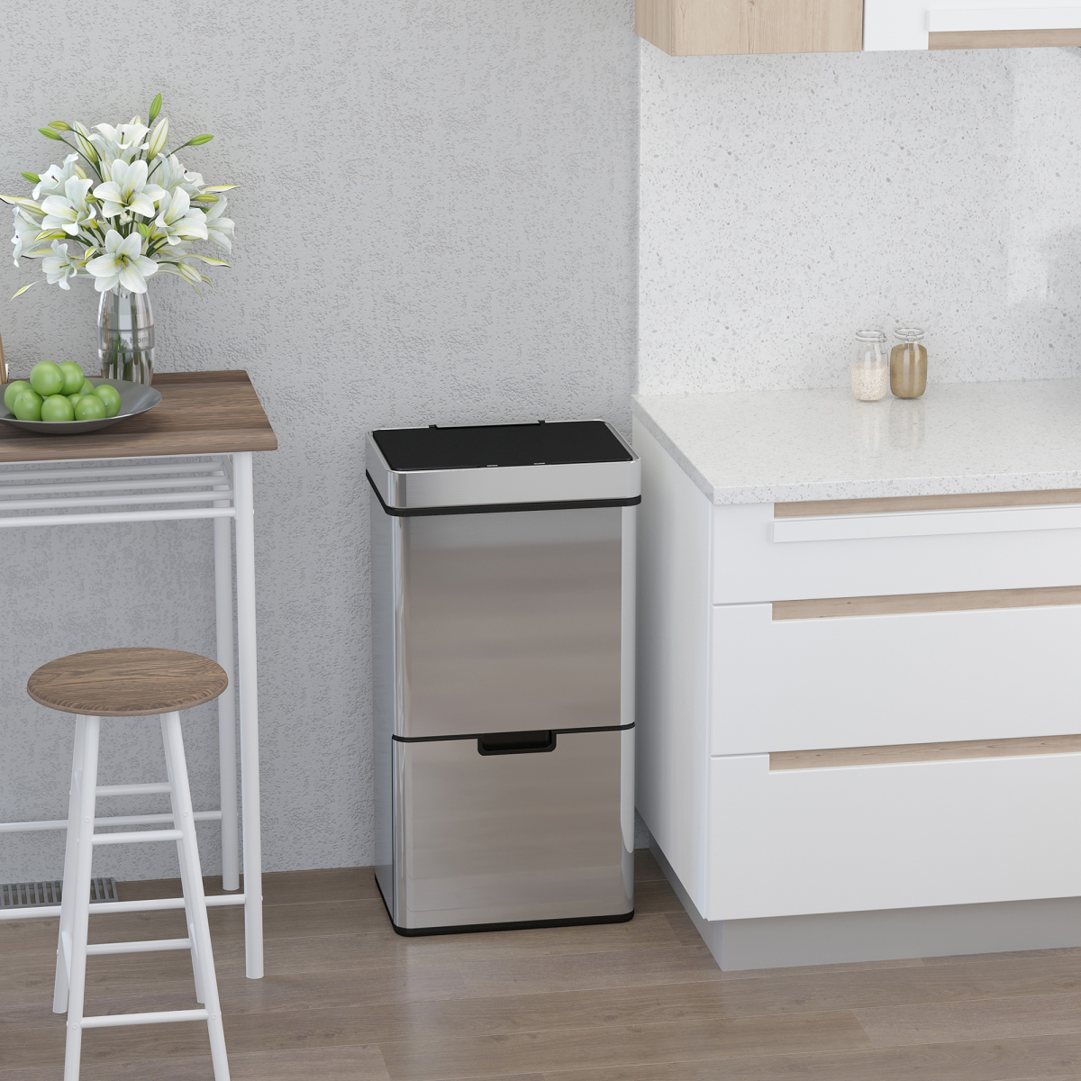 HOMCOM Motion Sensor Rubbish Bin 72L 3 Compartments Stainless Steel Look Lid