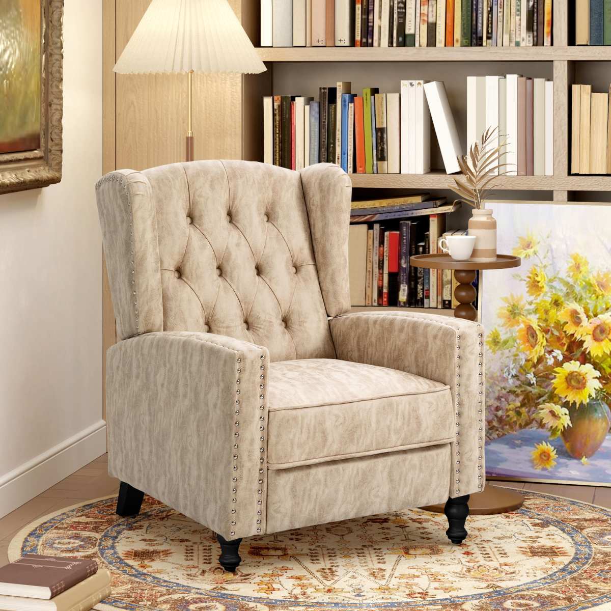 HOMCOM Beige Marble Effect Manual Reclining Armchair Footrest Nailhead Studs 150kg