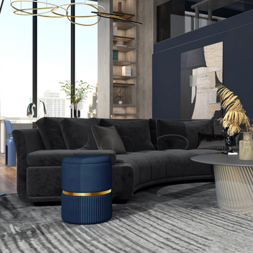 HOMCOM Dark Blue Round Storage Pouffe Footstool, Cushioned Top, Velvet, UK