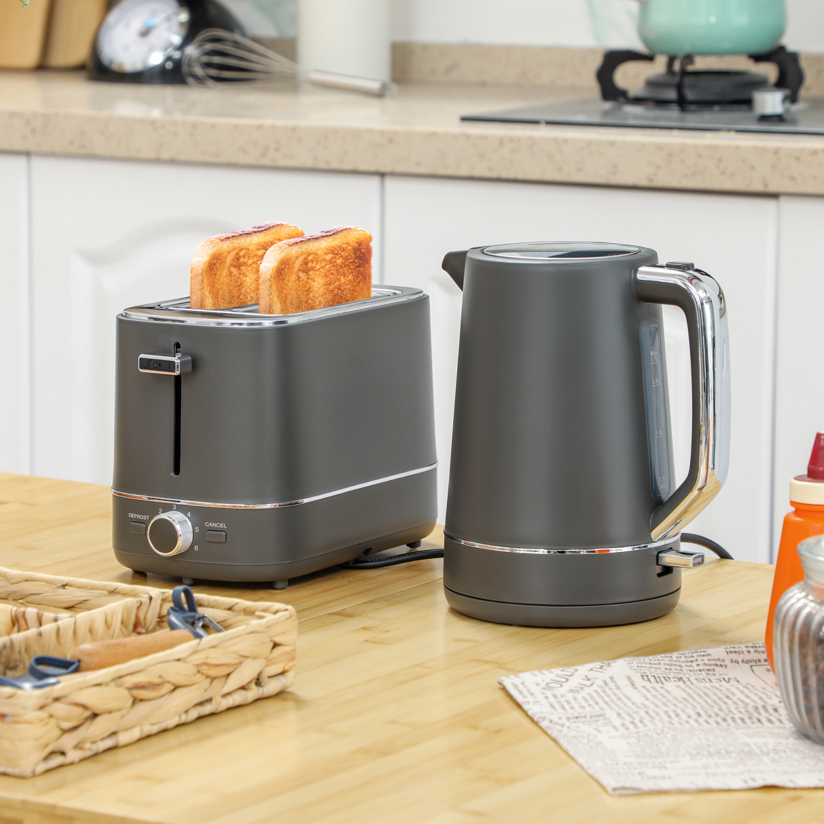 HOMCOM 1.7L 3000W Electric Kettle & 2-Slice Toaster Set Grey Auto Shut-Off