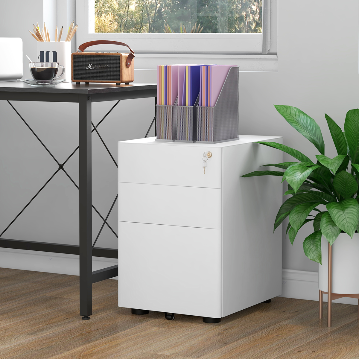 3 Drawer Metal Filing Cabinet Lockable 4 Wheels Compact Under Desk White