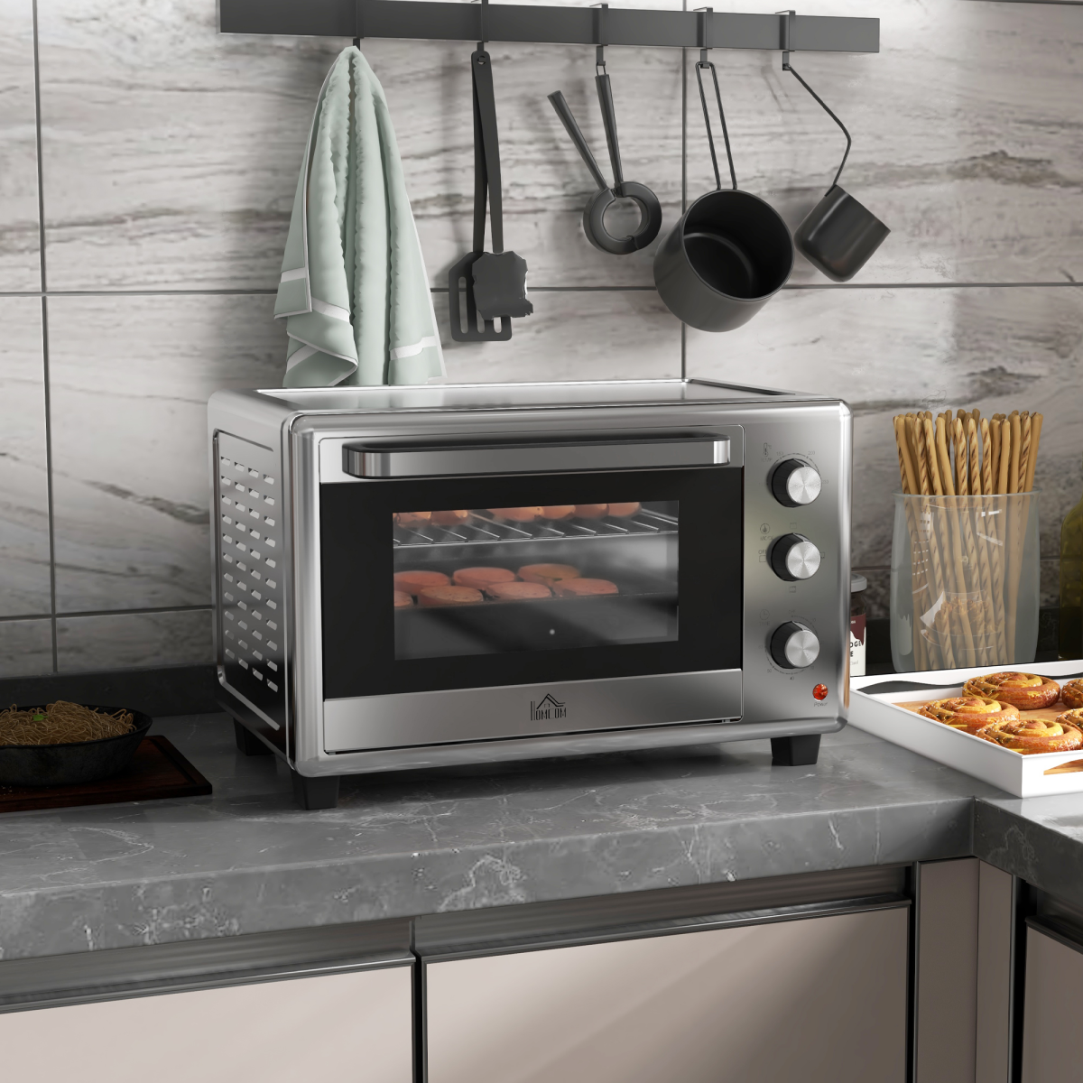 HOMCOM 30L Mini Oven 1600W Silver Adjustable Thermostat Timer 60 Min 3 Heat