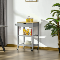 Kitchen Trolley Utility Cart on Wheels, Rubberwood Top, Towel Rack, Drawer, Shelves