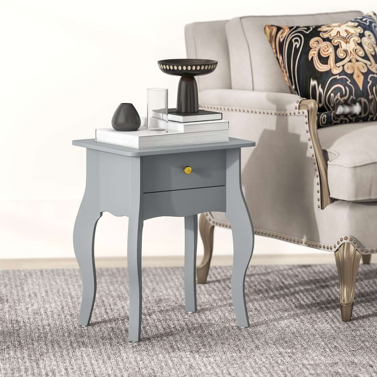 HOMCOM End Table French Style Small Table with Drawer and Curved Legs, Grey