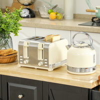 HOMCOM Cream 1.7L 3000W Electric Kettle & 4-Slice Toaster Set, 7-Level Browning