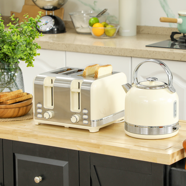 HOMCOM Cream 1.7L 3000W Electric Kettle & 4-Slice Toaster Set, 7-Level Browning