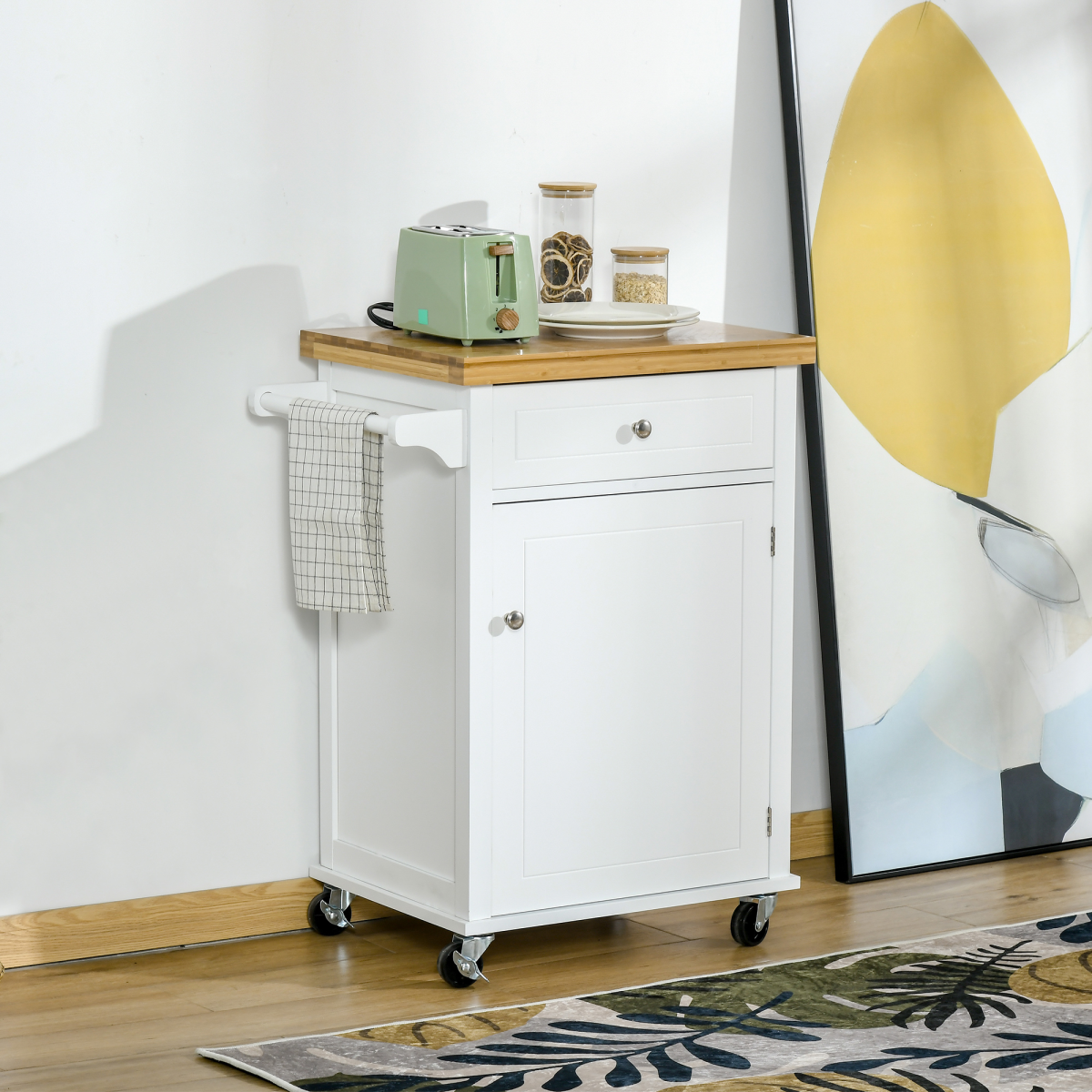 Rolling Kitchen Cart Storage Trolley with Drawer Towel Rail White UK