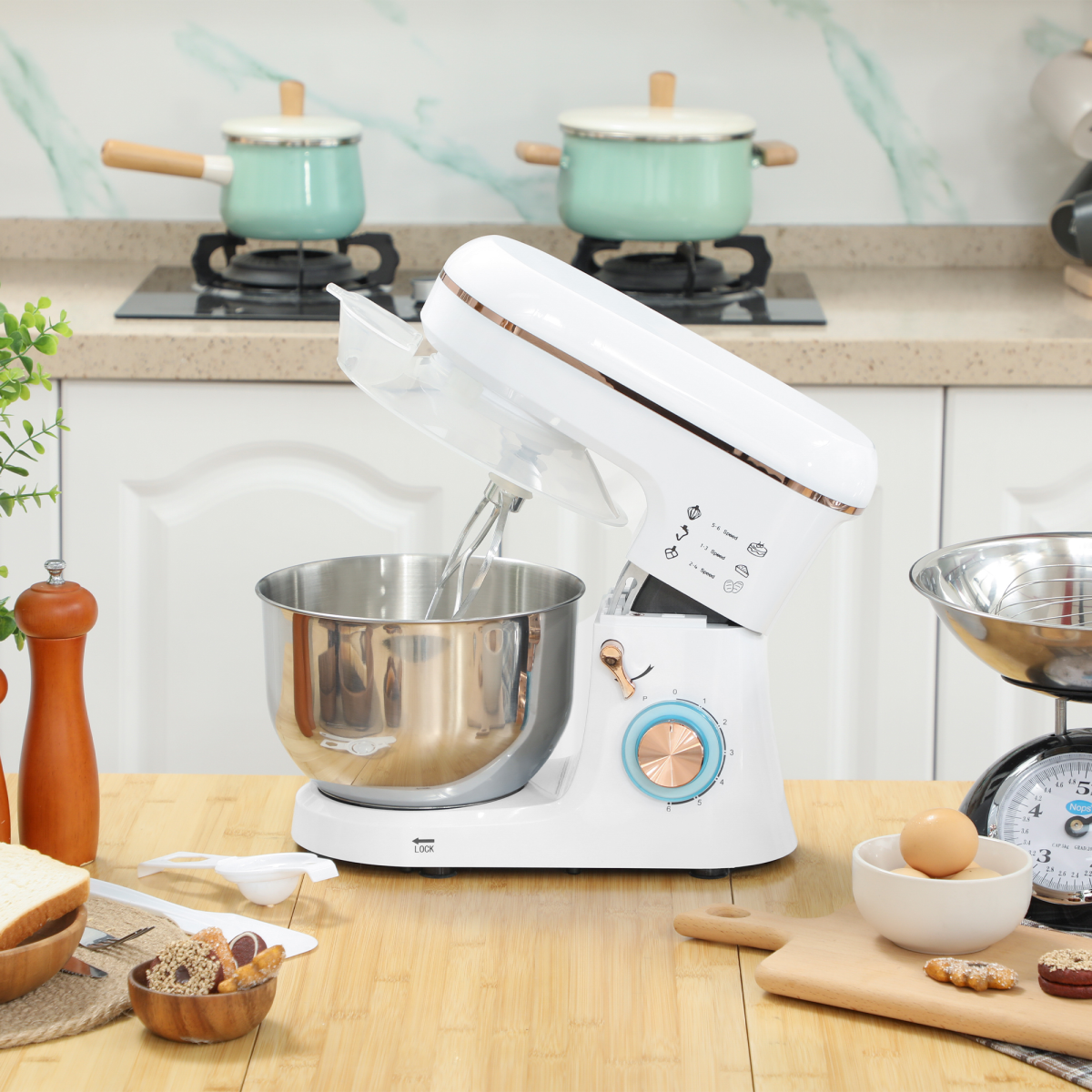 HOMCOM Electric Stand Mixer 5L 1400W Dough Hook Whisk Beater 6 Speed White