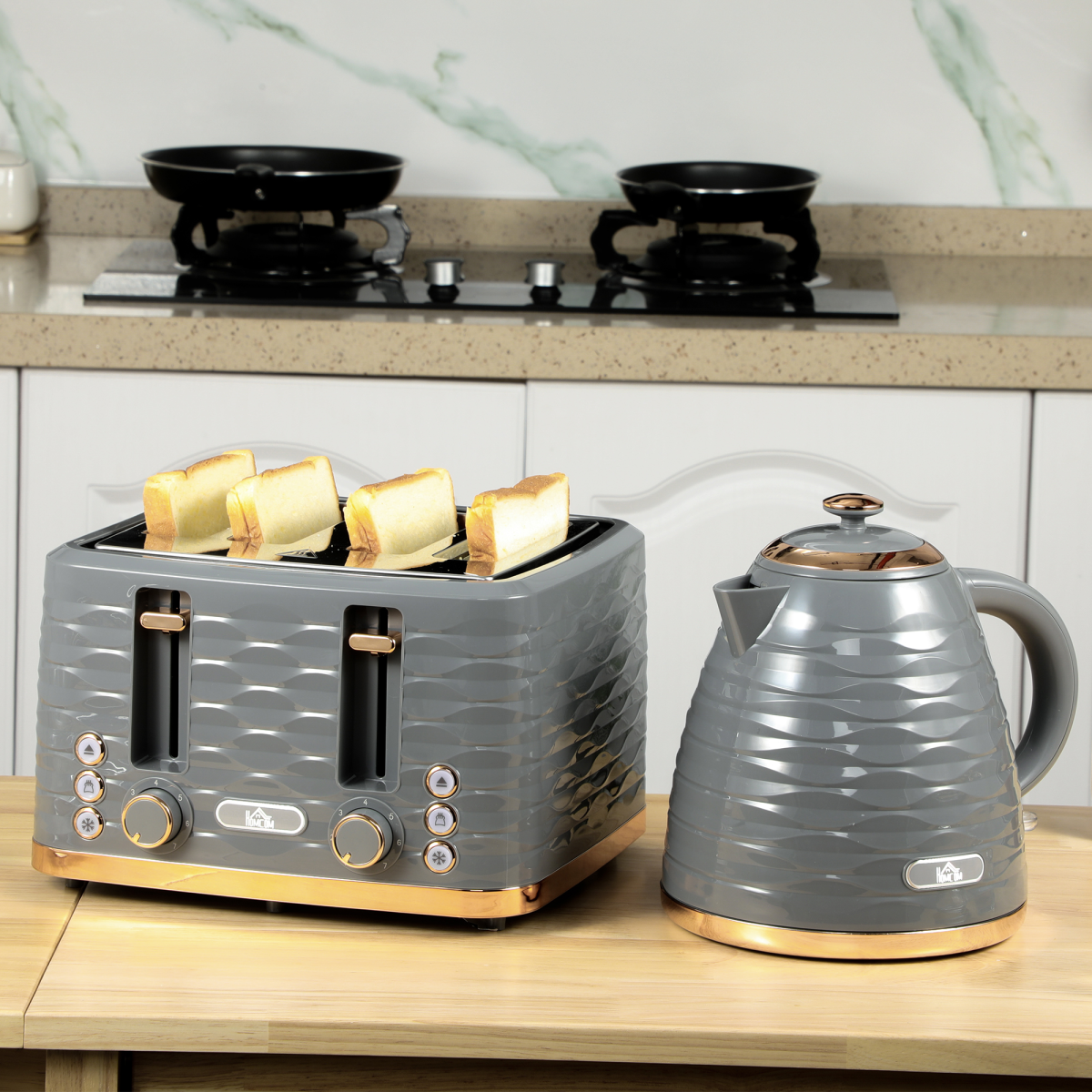 HOMCOM 1.7L Kettle & 4-Slice Toaster Set, Rapid Boil, Grey, 7 Browning Levels