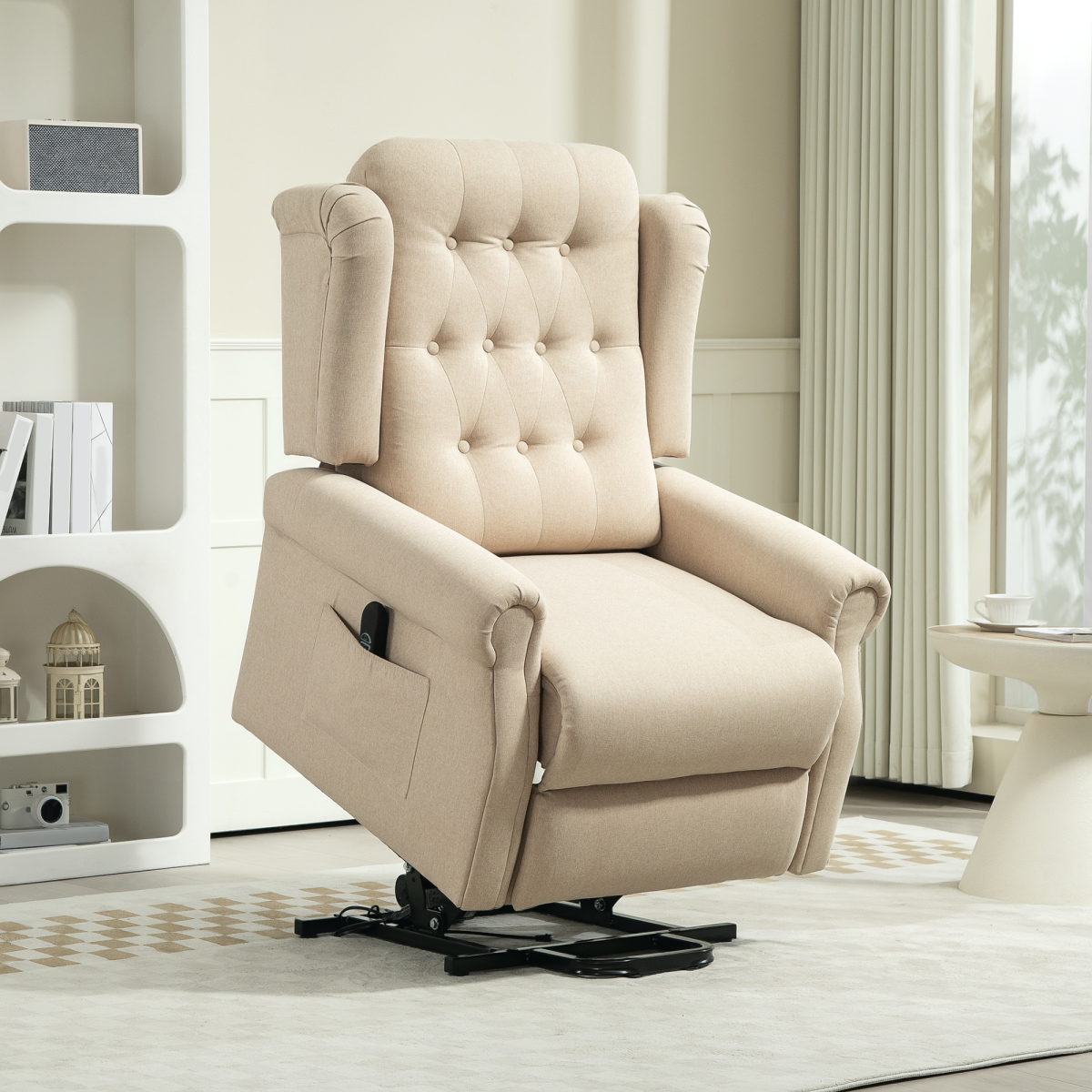 HOMCOM Power Lift Recliner Armchair Wingback Button Tufted Beige 135kg Electric Lift