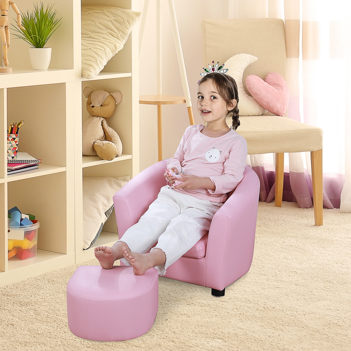 HOMCOM Kids Mini Sofa Armchair with Ottoman, Playroom Bedroom, Pink & Black 45kg