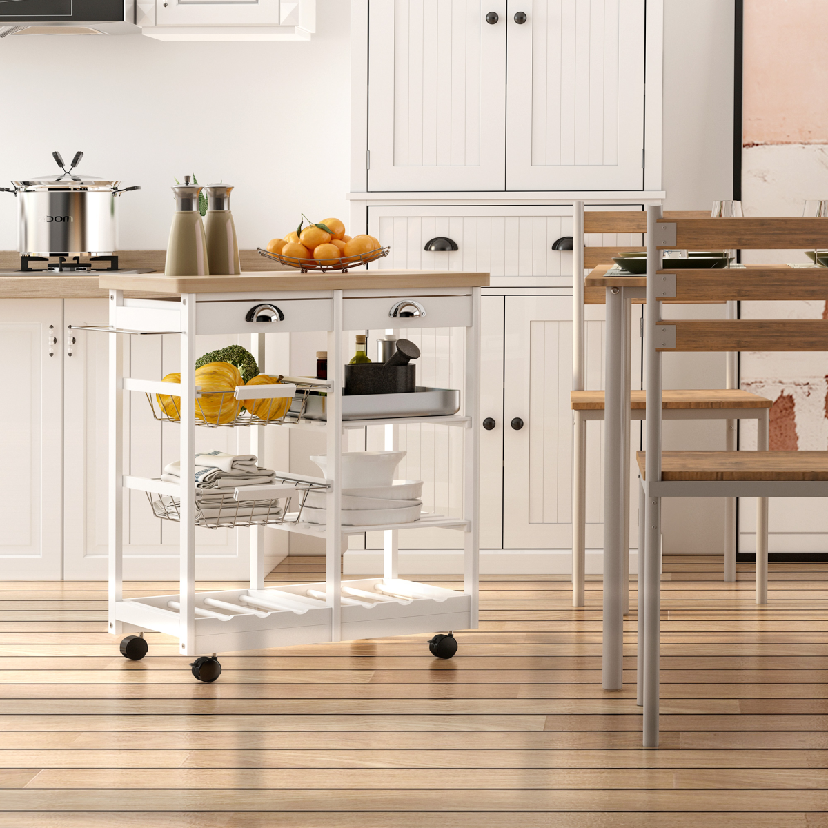 Kitchen Island Trolley 74W x 37D x 76Hcm White Pine Worktop 6-Bottle Wine Rack
