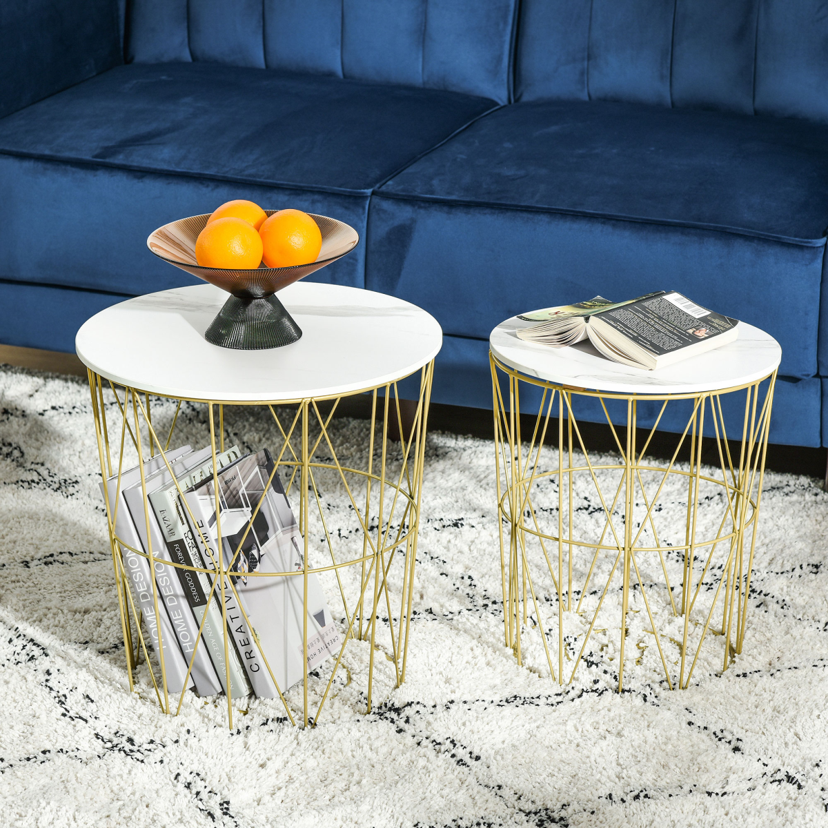 HOMCOM Set of 2 Nesting End Tables Side Tables with Basket Removable Top White