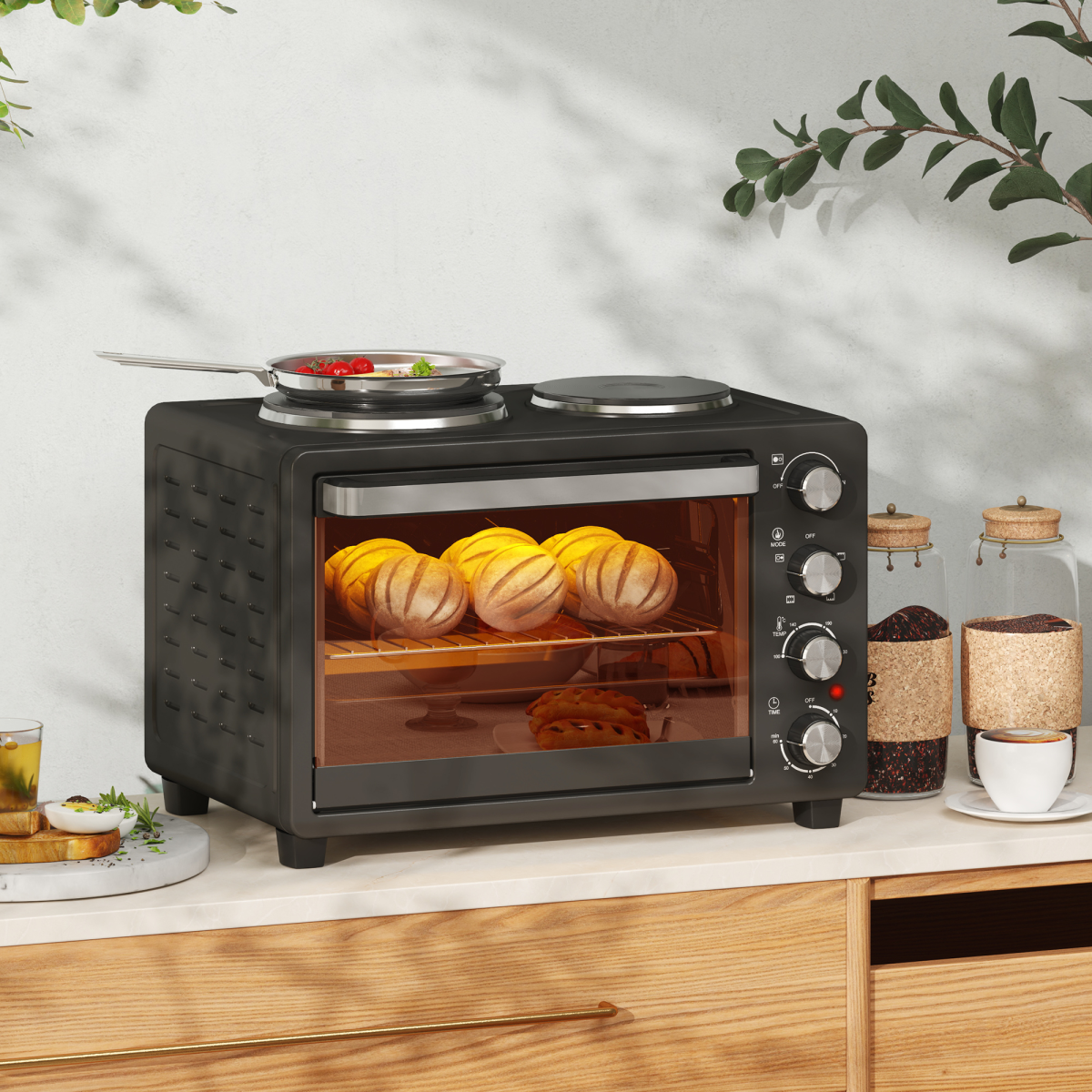 HOMCOM 28L Toaster Oven 2 Hot Plates Grill Roast Bake Countertop 2600W Black