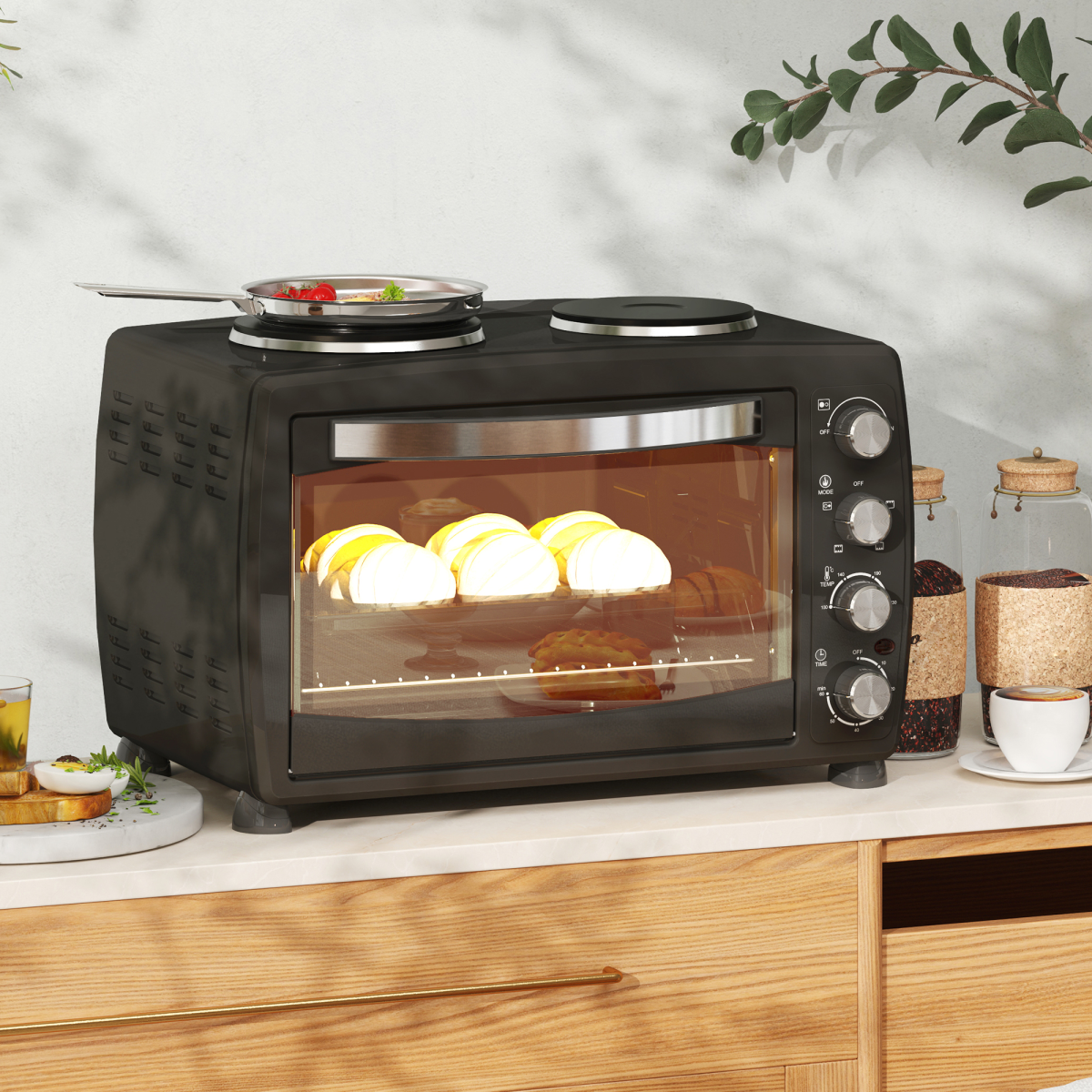 HOMCOM 36L Toaster Oven 2 Hot Plates 2600W Grill Roast Bake with Timer Black UK