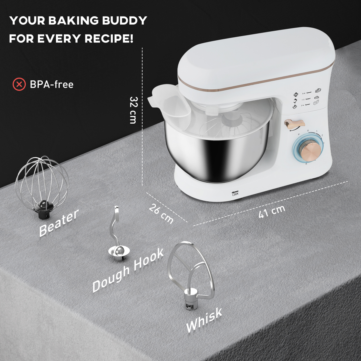 HOMCOM Electric Stand Mixer 5L 1400W Dough Hook Whisk Beater 6 Speed White