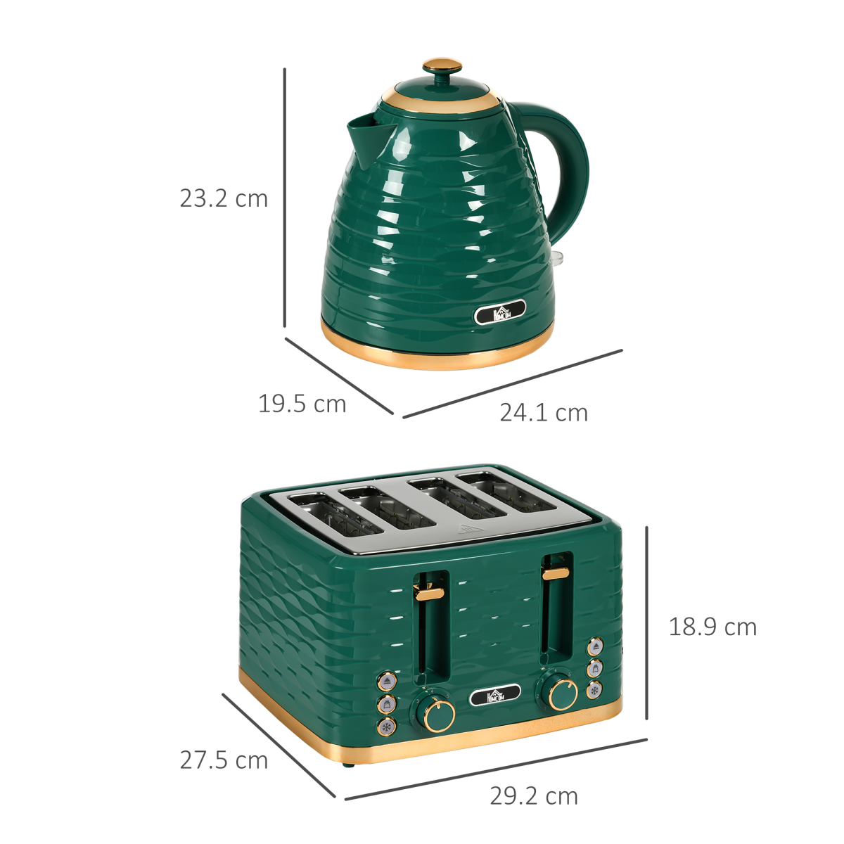 HOMCOM 1.7L Kettle & 4-Slice Toaster Set Rapid Boil Green Pebbled Design UK