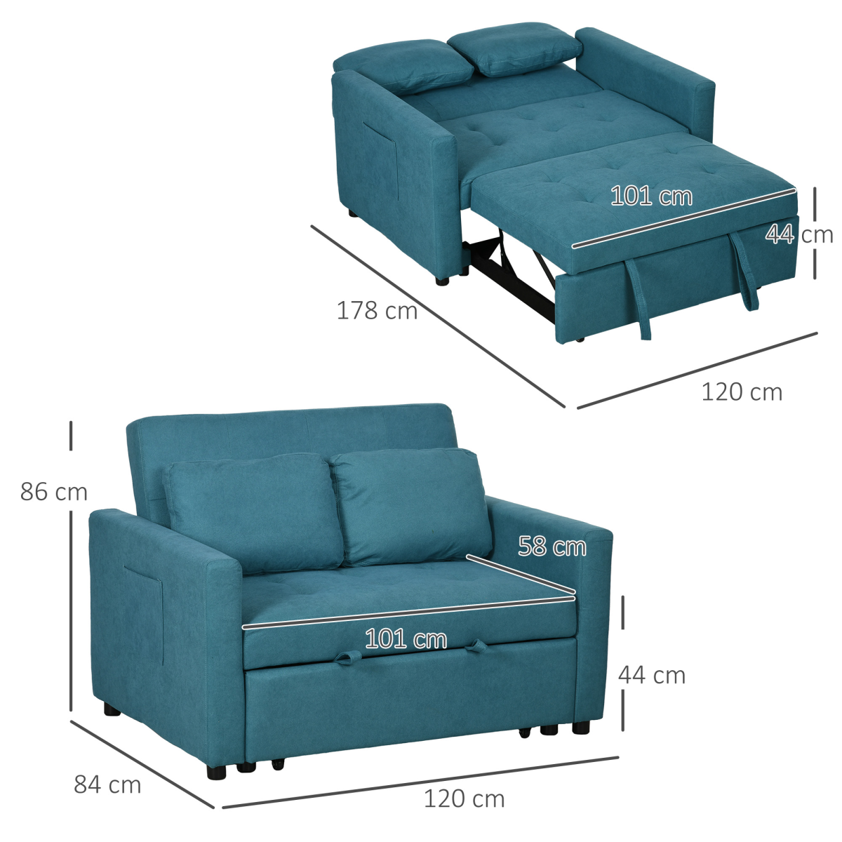 HOMCOM 2 Seater Sofa Bed Convertible Click-Clack Settee Blue w/ Cushions Pockets