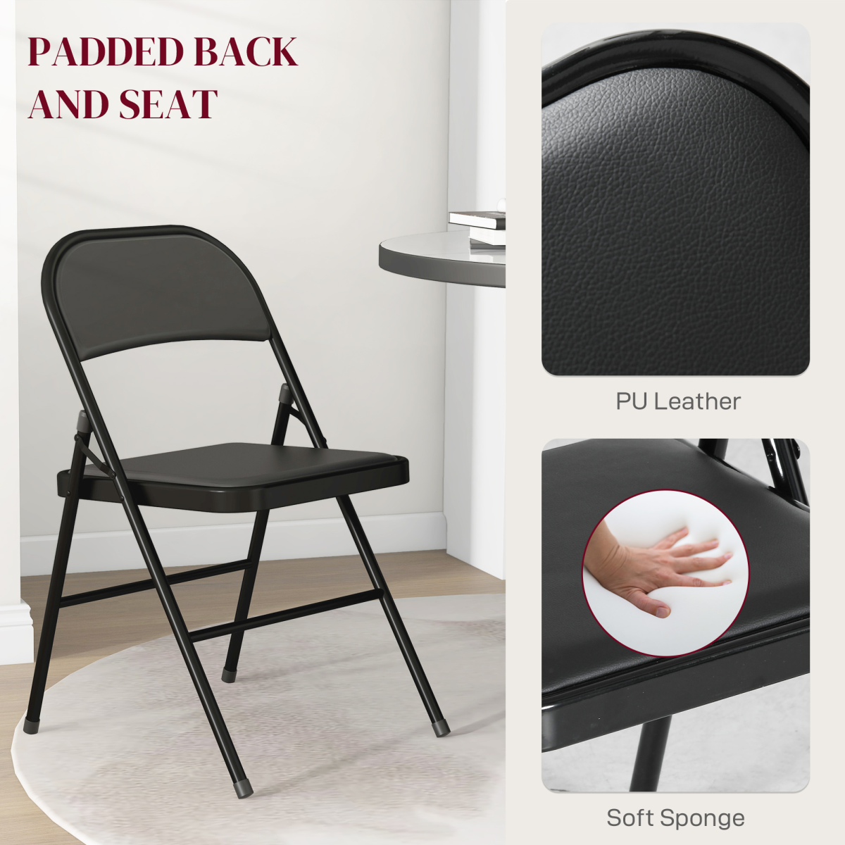 HOMCOM 4 Pack Padded Folding Chairs with Cushioned Seat and Metal Frame Black