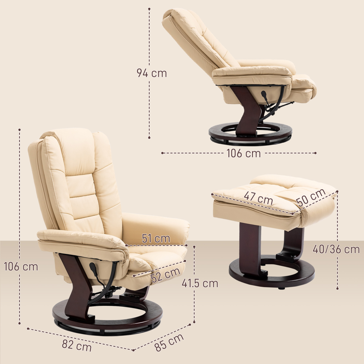 HOMCOM Swivel Manual Recliner Lounge Chair + Footrest Set PU Leather Beige 130kg
