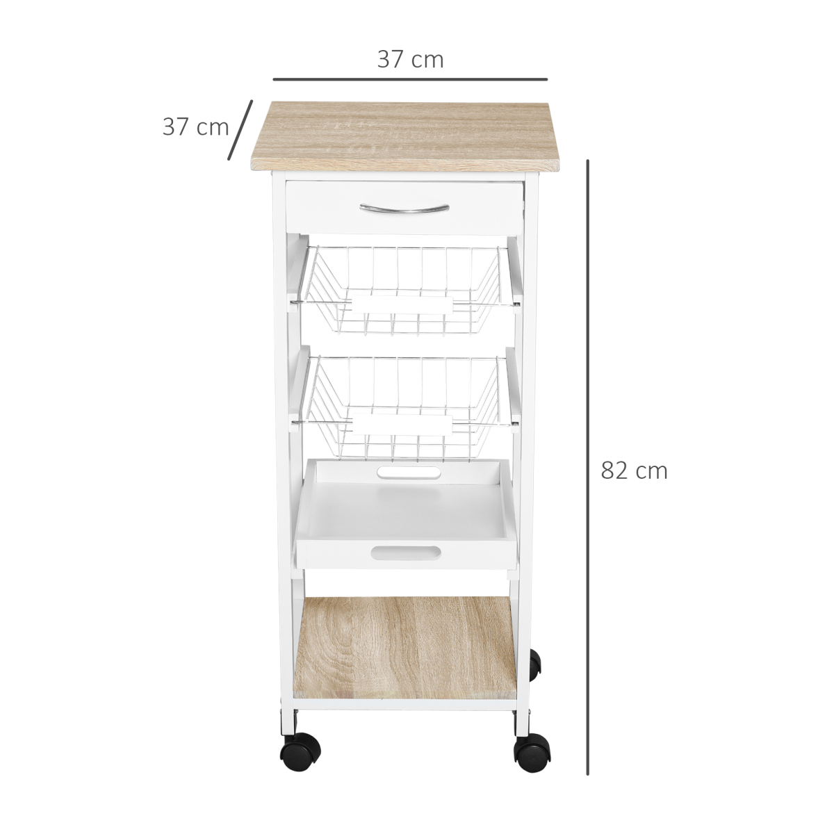 MDF Kitchen Storage Trolley 5-Tier White Pine Frame Drawer 2 Wire Baskets Wheels