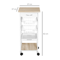 MDF Kitchen Storage Trolley 5-Tier White Pine Frame Drawer 2 Wire Baskets Wheels