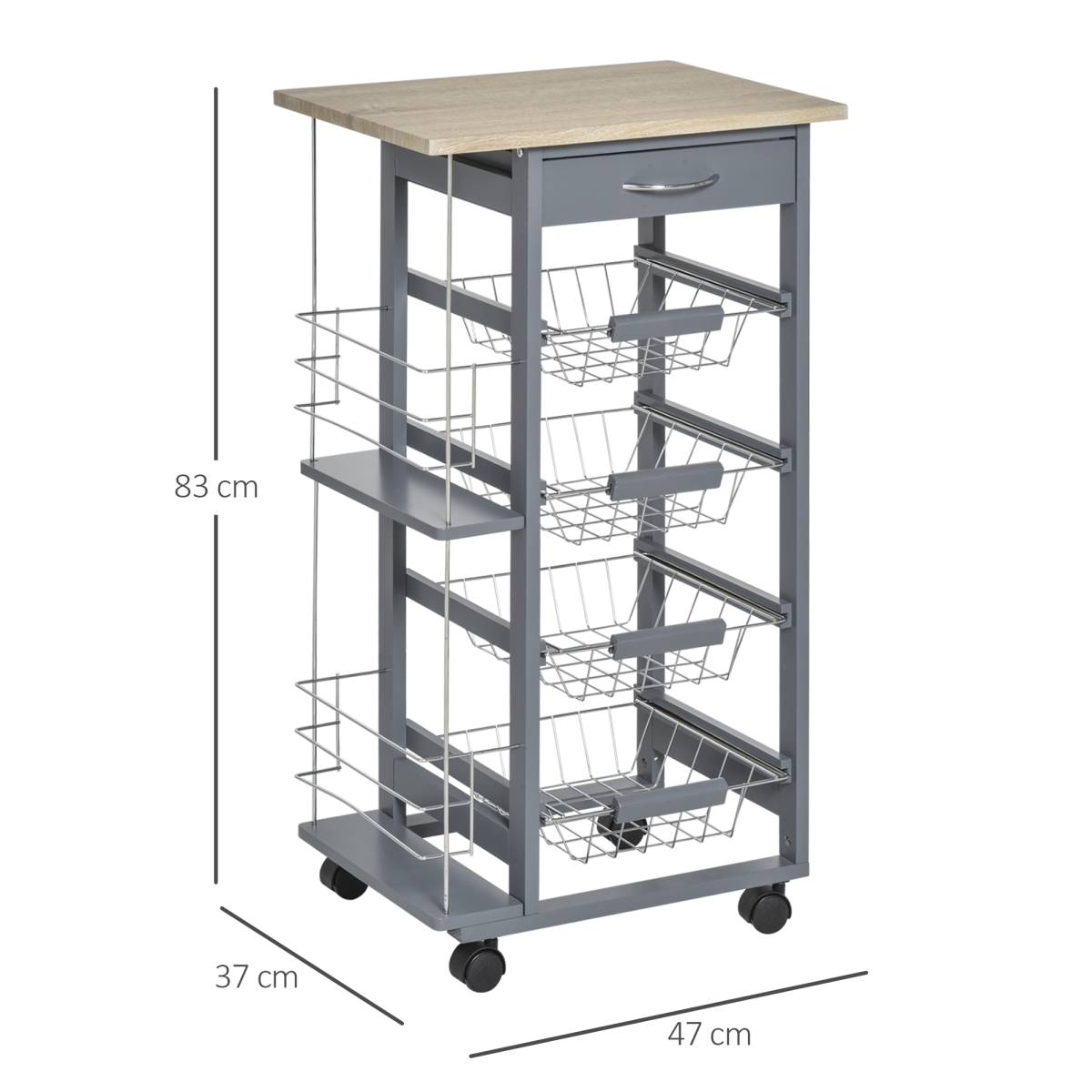 Kitchen Island Trolley Cart w/ 4 Baskets, Drawer & Side Racks Dark Grey