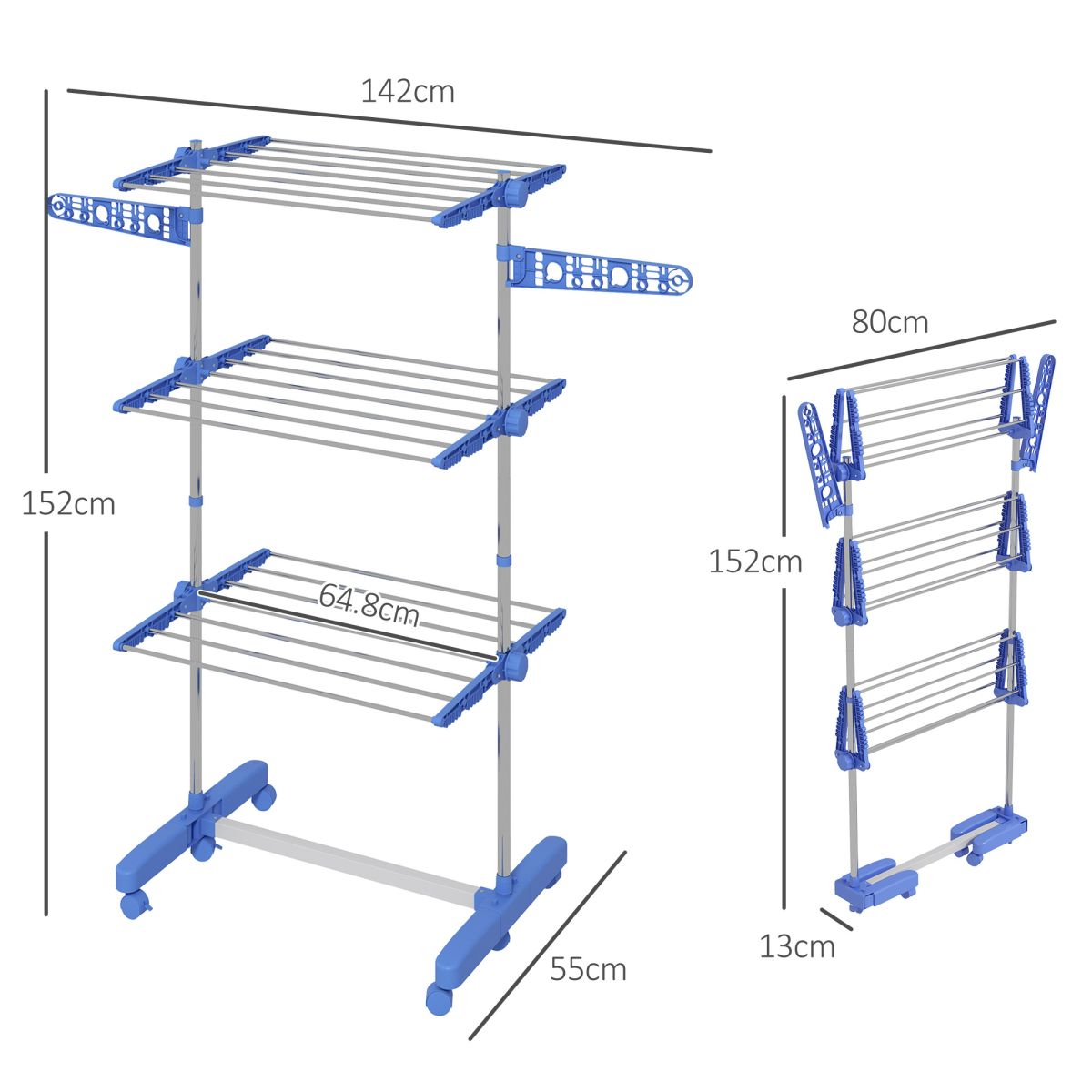 HOMCOM 3-Tier Stainless Steel Clothes Airer Drying Rack, Folding w Wheels Blue