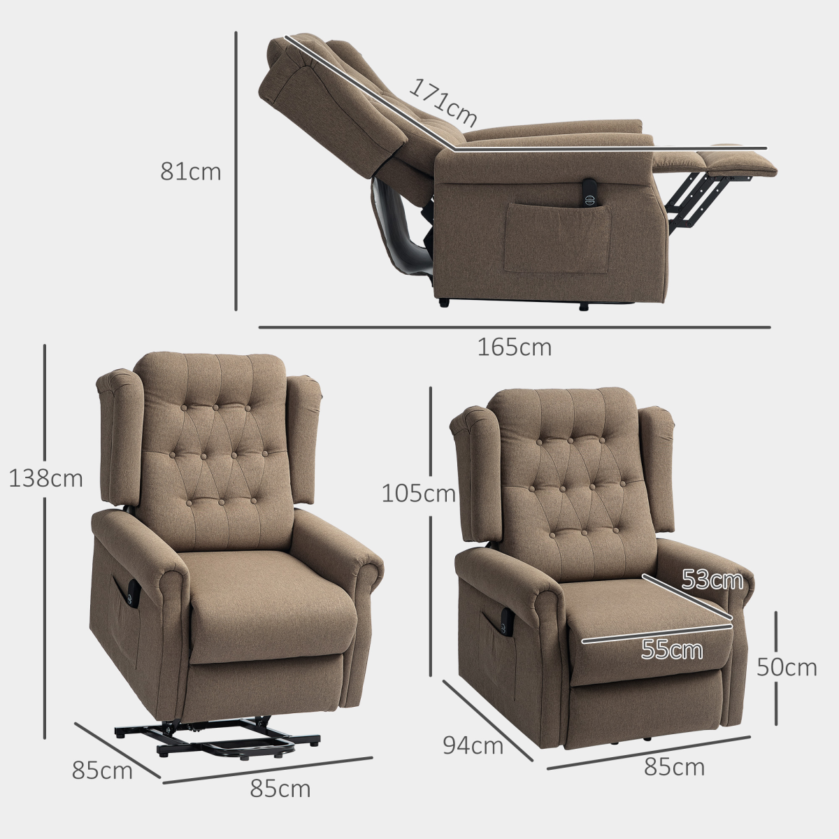 HOMCOM Power Lift Recliner Wingback Armchair 150° Recline Button Tufted Dark Brown
