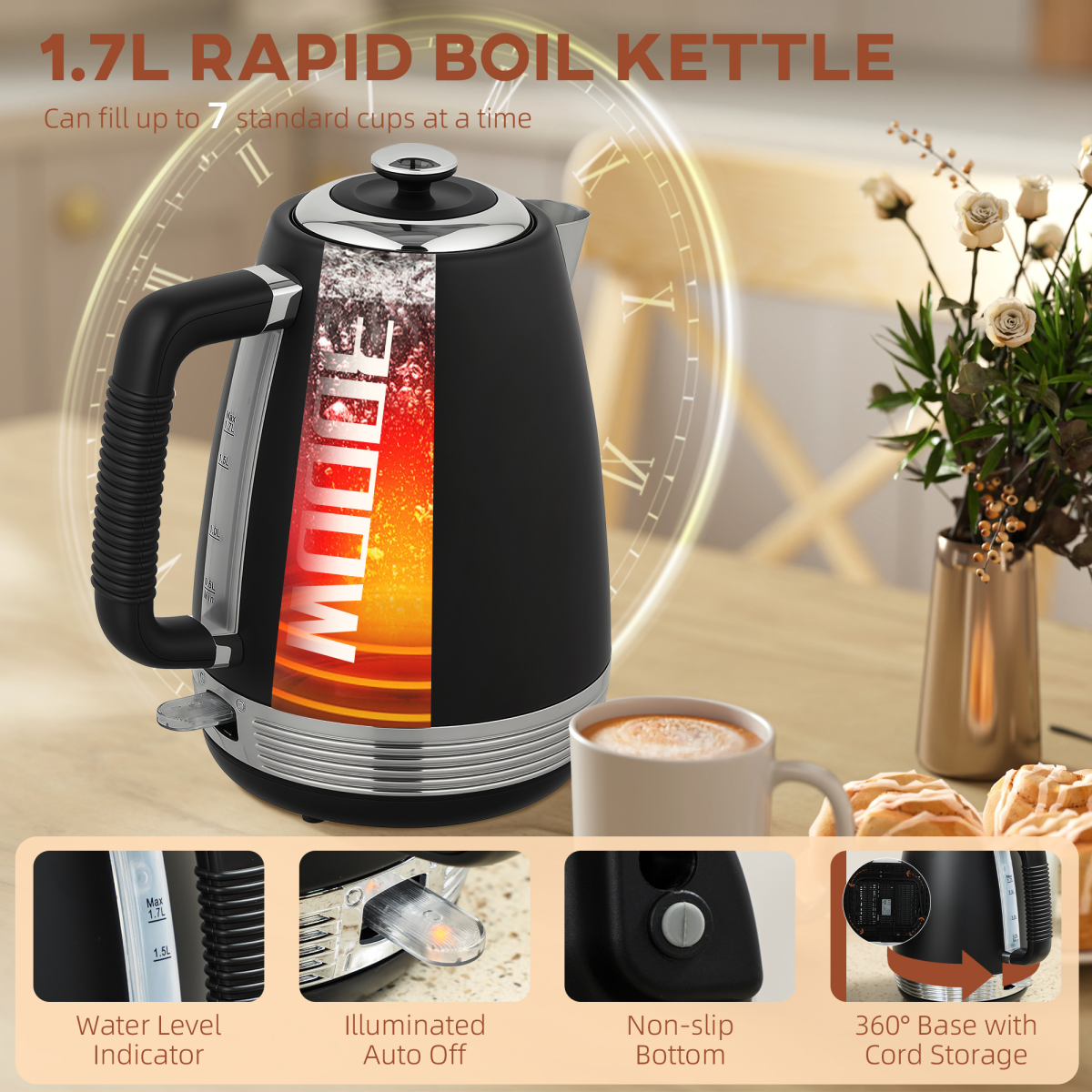HOMCOM Black 1.7L 3000W Kettle & 4-Slice 1860W Toaster Set w/ Crumb Tray