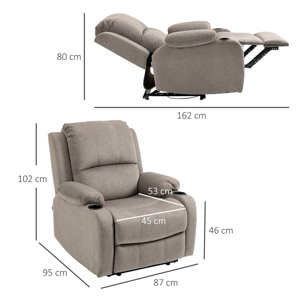 HOMCOM Faux Leather Recliner Armchair with Cup Holders, 135° Manual UK, 150kg